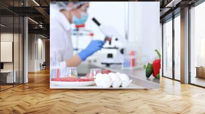 Different food on table and scientist proceeding quality control in laboratory Wall mural