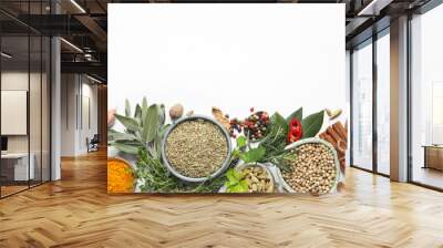 Different fresh herbs and spices on white background, top view Wall mural