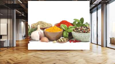 Different fresh herbs with aromatic spices on white background Wall mural