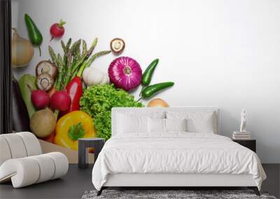 Different fresh vegetables on white background, top view Wall mural