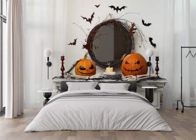 Different Halloween decor on mantelpiece indoors. Festive interior Wall mural