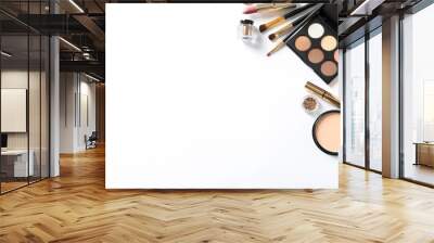 Different luxury makeup products on white background, top view Wall mural