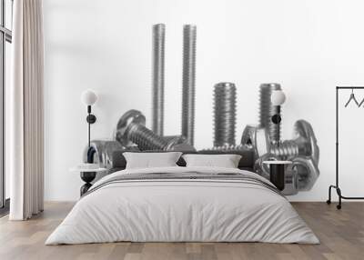 Different metal bolts and nuts on white background Wall mural