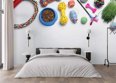 Different pet toys and feeding bowl on white background, top view. Space for text Wall mural