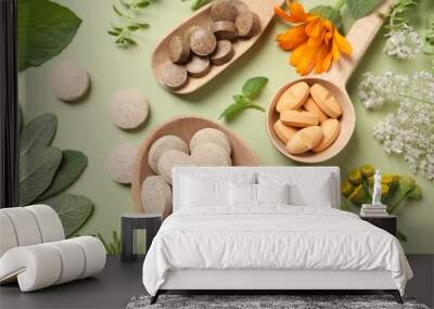 Different pills, herbs and flowers on light green background, flat lay. Dietary supplements Wall mural