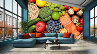 Different products as background, top view. Healthy food and balanced diet Wall mural