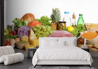 Different products on grey table. Healthy food and balanced diet Wall mural