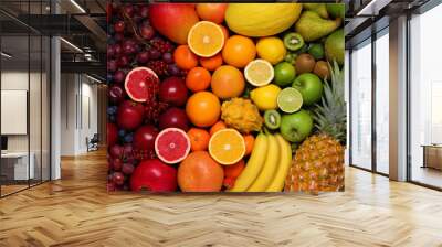 Different ripe fruits and berries as background, top view Wall mural