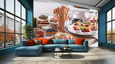 Different tasty food for brunch on table indoors, banner design Wall mural