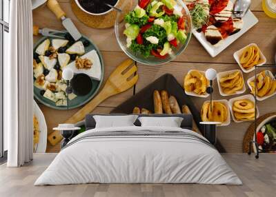 Different tasty food for brunch on wooden table, flat lay. Banner design Wall mural