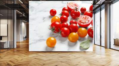 Different tasty juicy tomatoes on marble background Wall mural