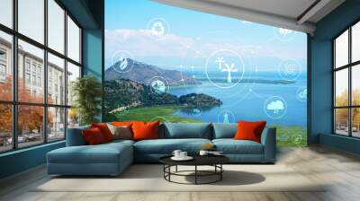 Digital eco icons and beautiful cove on sunny day Wall mural