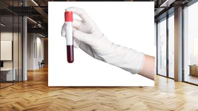 Doctor holding glass tube with blood on white background, closeup. Allergy test Wall mural