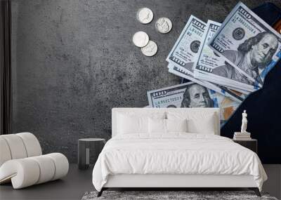 Dollar banknotes, wallet and coins on grey table, flat lay with space for text. Money exchange Wall mural