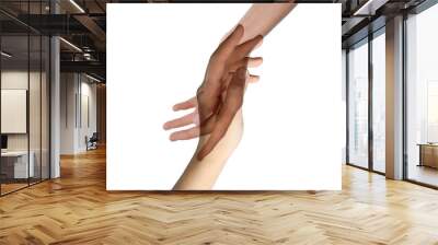 Double exposure of people's hands on white background, closeup Wall mural