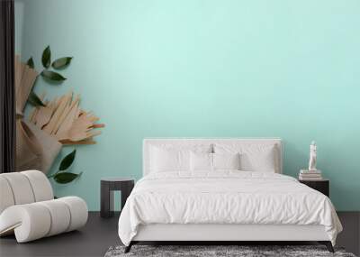 Eco friendly products on light blue background, top view with space for text. Banner design Wall mural