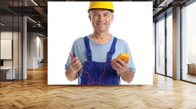 Electrician with multimeter wearing uniform on white background Wall mural