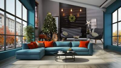 Elegant living room interior with comfortable sofa and Christmas decor Wall mural