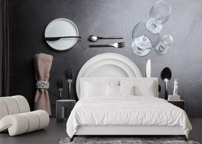 Elegant table setting on grey background, flat lay Wall mural