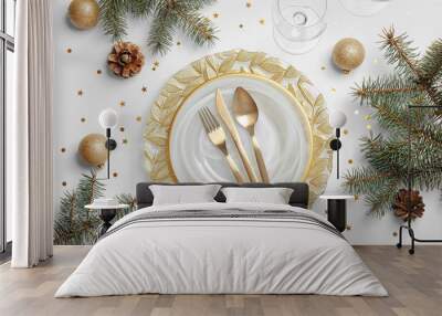 Elegant table setting on light background, top view. Christmas celebration Wall mural