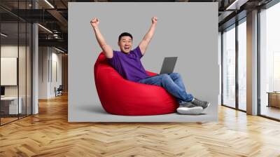 Emotional man with laptop sitting in beanbag chair against grey background Wall mural