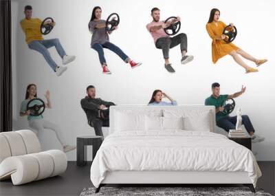 Emotional people with steering wheels on white background, collage Wall mural