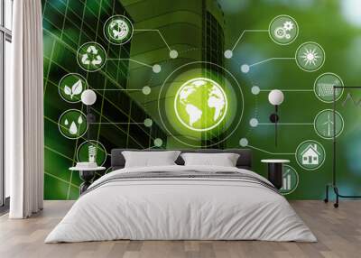 Energy efficiency concept. Scheme with icons and building on background, toned in green Wall mural