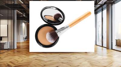 Face powder with brush on white background, top view. Makeup product Wall mural