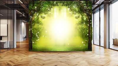 Fantasy world. Enchanted forest with magic lights and sunlit way between trees Wall mural