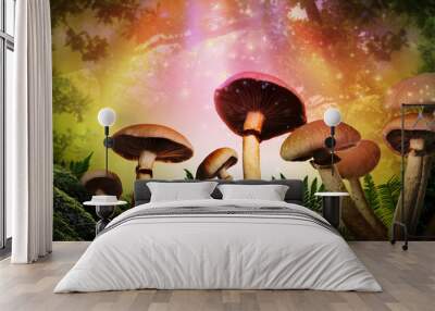 Fantasy world. Mushrooms lit by magic light in enchanted forest, banner design Wall mural