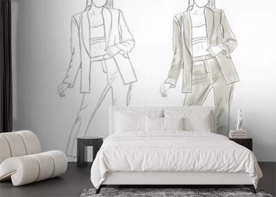 Fashion designer. Sketches of woman in stylish clothes on white background Wall mural