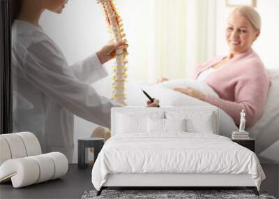 Female orthopedist explaining structure of spine to patient in clinic, closeup Wall mural