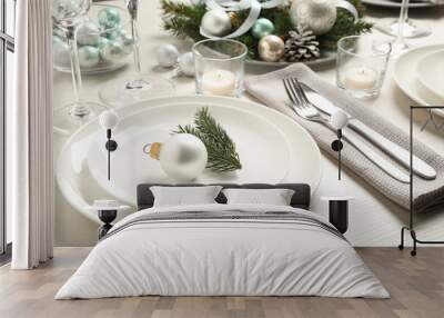 Festive table setting with beautiful dishware and Christmas decor on white wooden background Wall mural