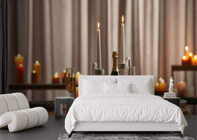 Festive table setting with burning candles indoors Wall mural