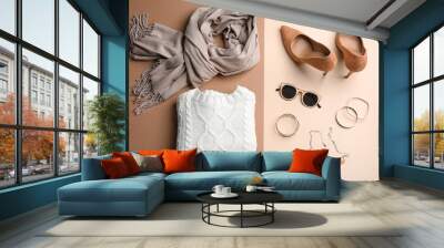 Flat lay composition with accessories and clothes on color background Wall mural