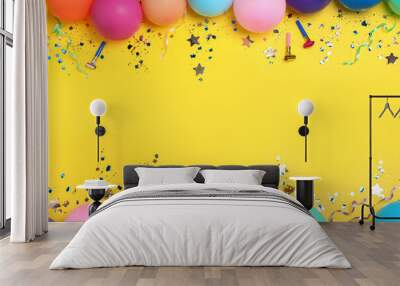 Flat lay composition with birthday decor on yellow background, space for text Wall mural