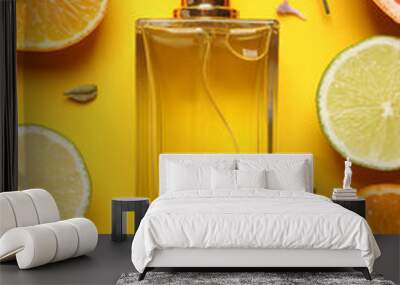 Flat lay composition with bottle of perfume and fresh citrus fruits on yellow background Wall mural