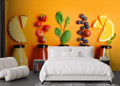 Flat lay composition with bottles of delicious juices and fresh ingredients on orange background Wall mural