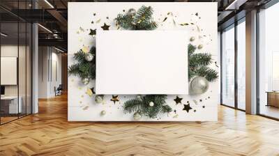 Flat lay composition with Christmas decor and blank card on white wooden table. Space for text Wall mural