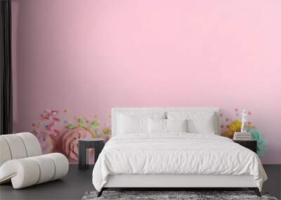 Flat lay composition with delicious birthday cupcakes and space for text on color background Wall mural