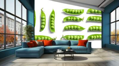 Flat lay composition with delicious fresh green peas on white background Wall mural