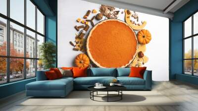 Flat lay composition with delicious homemade pumpkin pie on white wooden table Wall mural