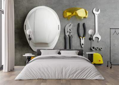 Flat lay composition with different construction tools on grey background Wall mural