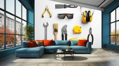 Flat lay composition with different construction tools on white background Wall mural