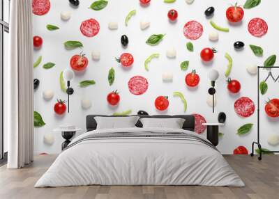 Flat lay composition with fresh ingredients for pizza on white background Wall mural