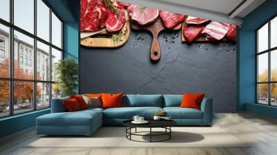 Flat lay composition with fresh meat on grey table. Space for text Wall mural