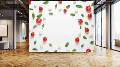 Flat lay composition with fresh pizza ingredients on white background. Space for text Wall mural