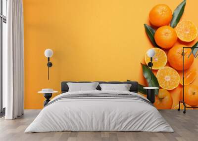 Flat lay composition with fresh ripe tangerines and space for text on orange background. Citrus fruit Wall mural