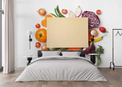 Flat lay composition with fresh vegetables and blank card for text on white background Wall mural