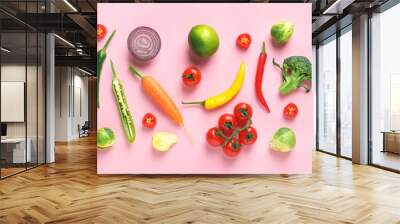 Flat lay composition with fresh vegetables and fruit on color background Wall mural